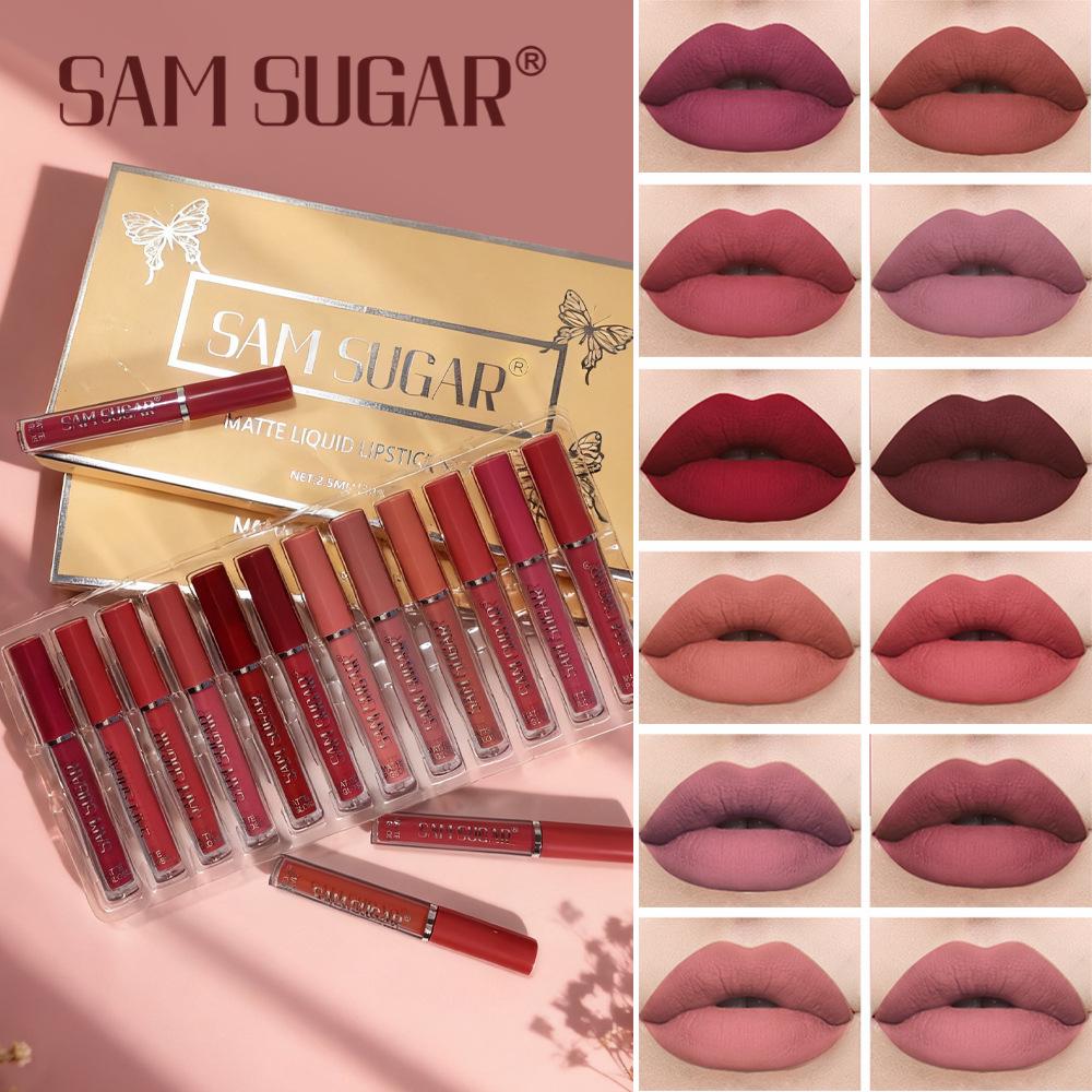 SAM SUGAR 12pcs Matte Liquid Lipstick Set Waterproof Long Lasting Non-Stick Cup Velvet Nude Red Lip Gloss Makeup Kit for Women Cosmetics A brown