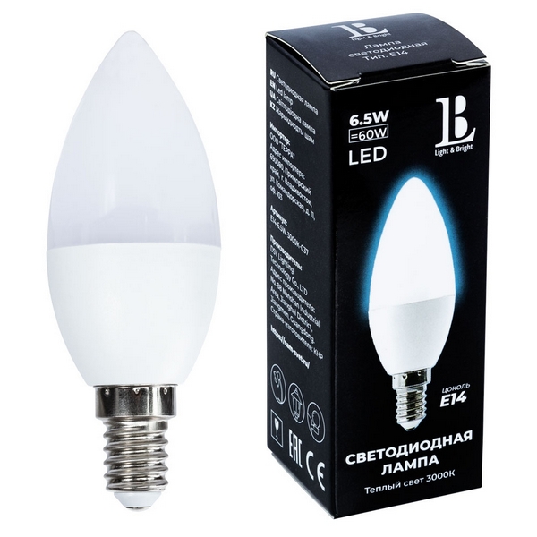Лампочка светодиодная L&B E14-6,5W-3000К-C37_lb