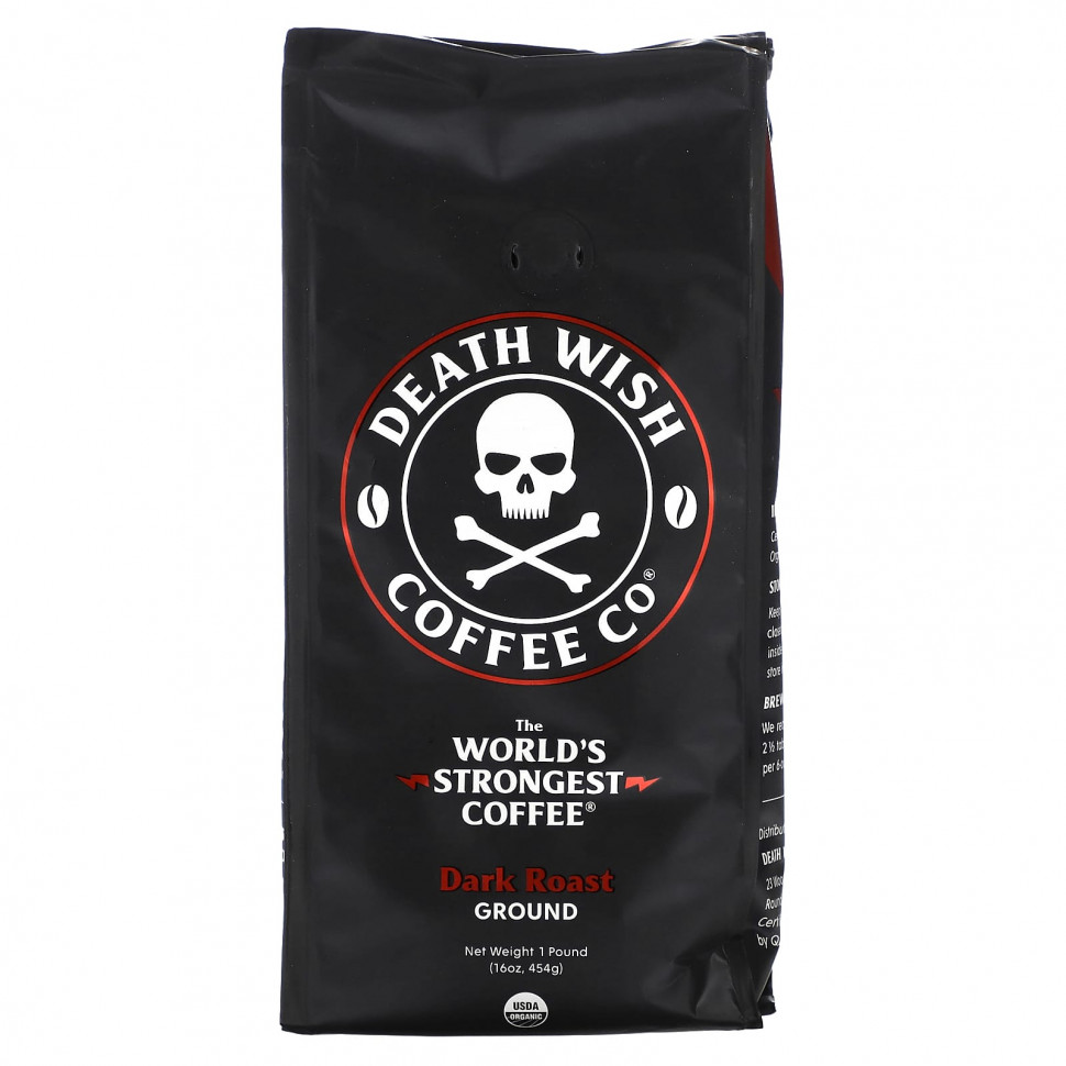 Death Wish Coffee, Самый крепкий в мире кофе, молотый, темной обжарки, 454 г (16 унций) DEA-00502