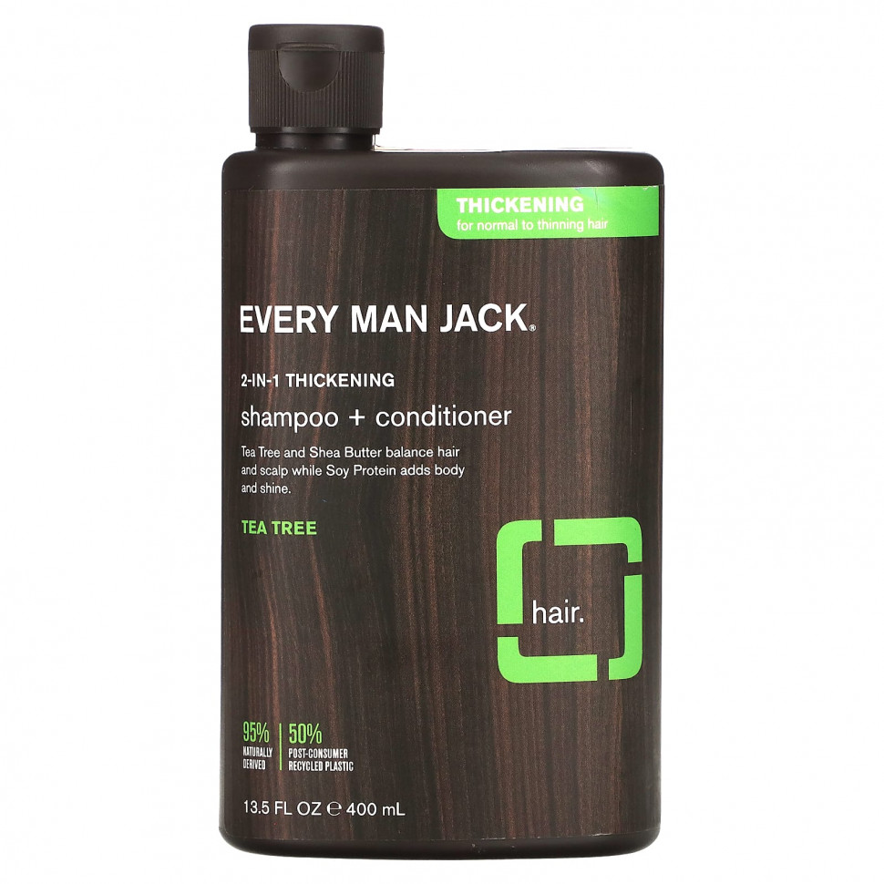 Every Man Jack, 2-в-1, шампунь и кондиционер для густоты волос, для нормальных и тонких волос, чайное дерево, 400 мл (13,5 жидк. Унции) EMJ-00110