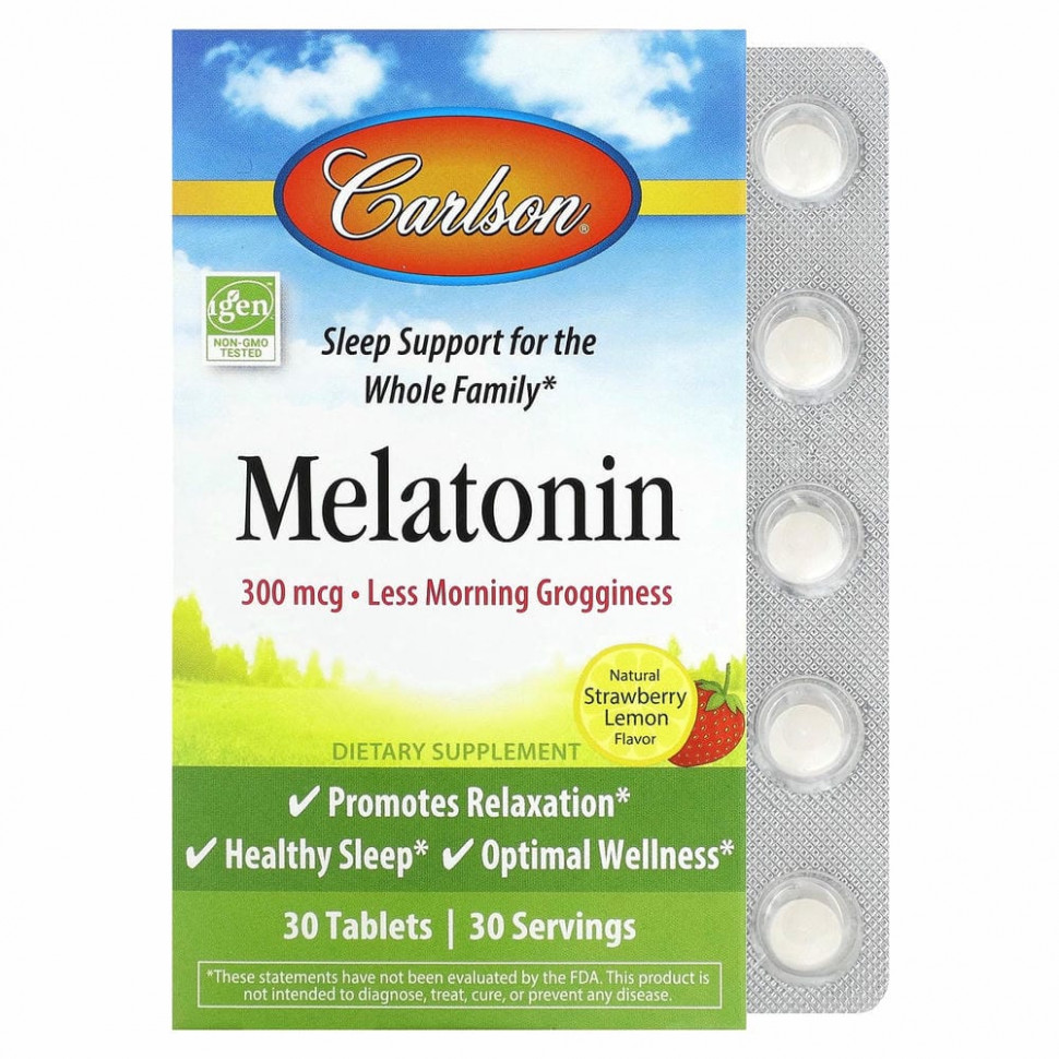 Carlson, Melatonin, Natural Strawberry Lemon , 300 mcg, 30 Tablets CAR-87360