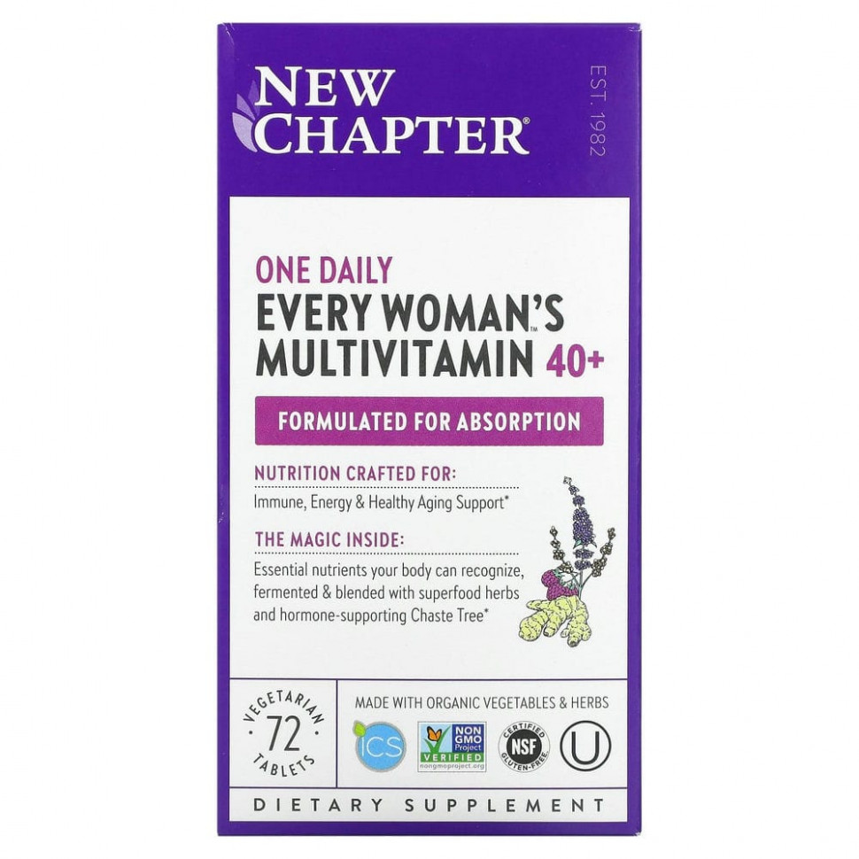 New Chapter, 40+ Every Woman's One Daily, витаминный комплекс на основе цельных продуктов для женщин старше 40 лет, 72 вегетарианские таблетки Нью Чэптэ NCR-00367