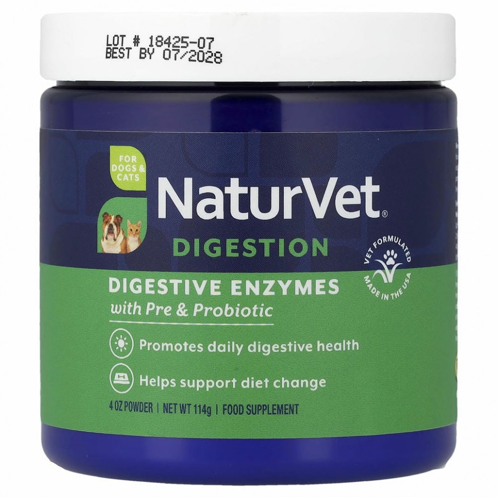 NaturVet, пищеварительные ферменты, пребиотики и пробиотики, для собак и кошек, в форме порошка, 114 г (4 унций) НатурВет VET-03660