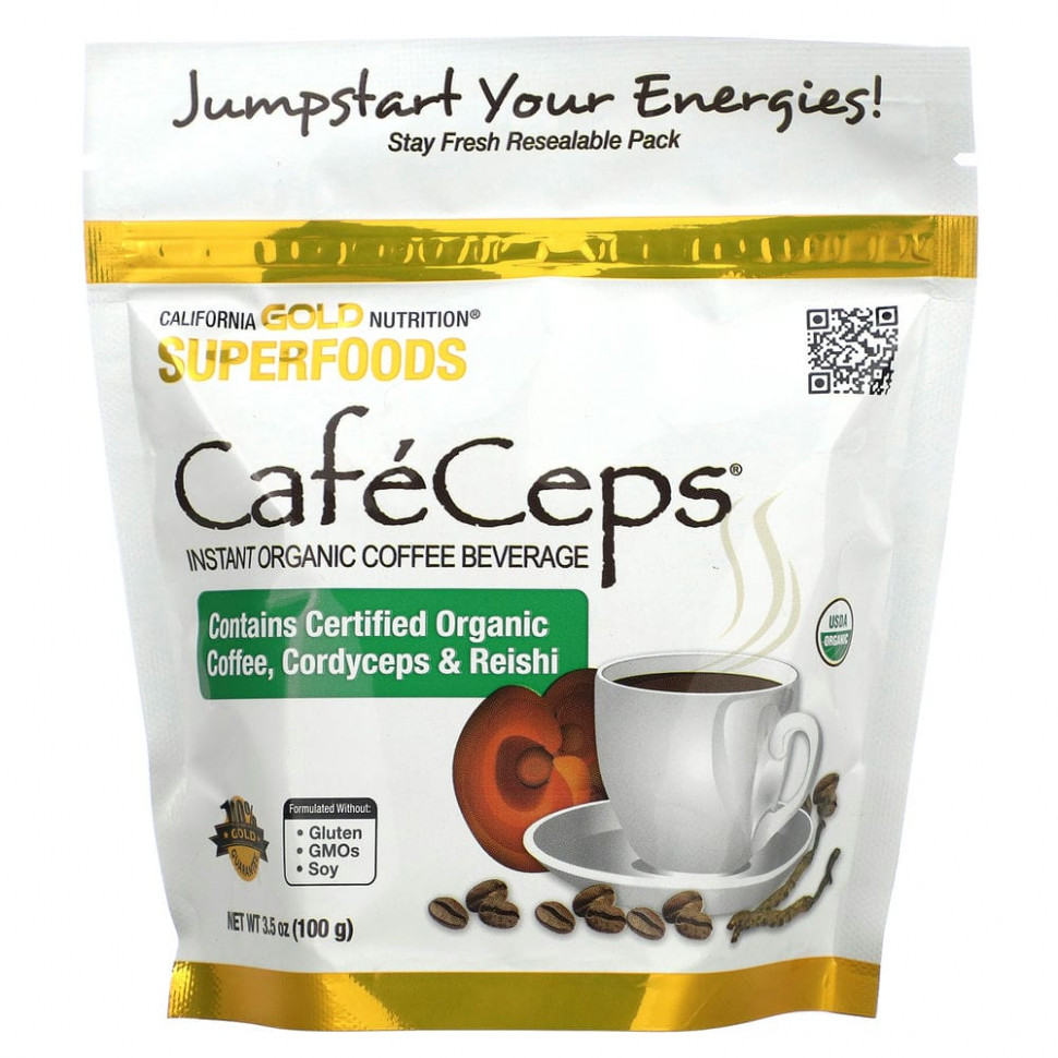 California Gold Nutrition, SUPERFOODS, Caf?Ceps, сертифицированный органический растворимый кофе с порошком из грибов кордицепс и рейши, 100 г (3,5 унции) CGN-01346