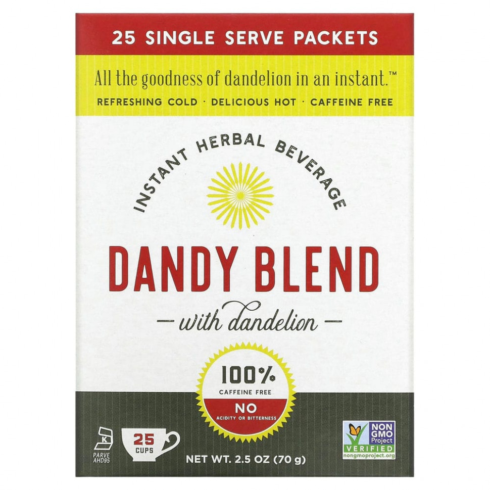 Dandy Blend, Instant Herbal Beverage With Dandelion (Быстрорастворимый травяной напиток с одуванчиком), без кофеина, 25 одноразовых пакетиков Дэнди Блэнд DAN-15014