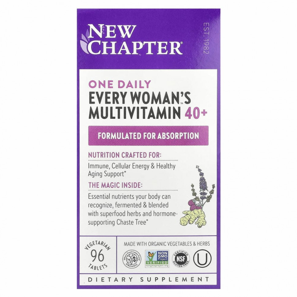 New Chapter, 40+ Every Woman's One Daily, витаминный комплекс на основе цельных продуктов для женщин старше 40 лет, 96 вегетарианских таблеток Нью Чэптэ NCR-00364