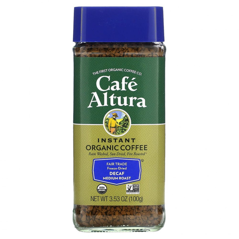 Cafe Altura, растворимый органический кофе, средней обжарки, сублимированный, без кофеина, 100 г (3,53 унции) Кафе Алтура CAF-33808