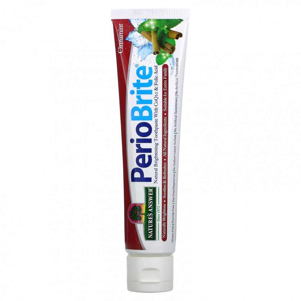 Nature's Answer, PerioBrite, натуральная осветляющая зубная паста с коэнзимом Q10 и фолиевой кислотой, корица и мята, 113,4 г (4 унции) Натурес Ансвер NTA-01644
