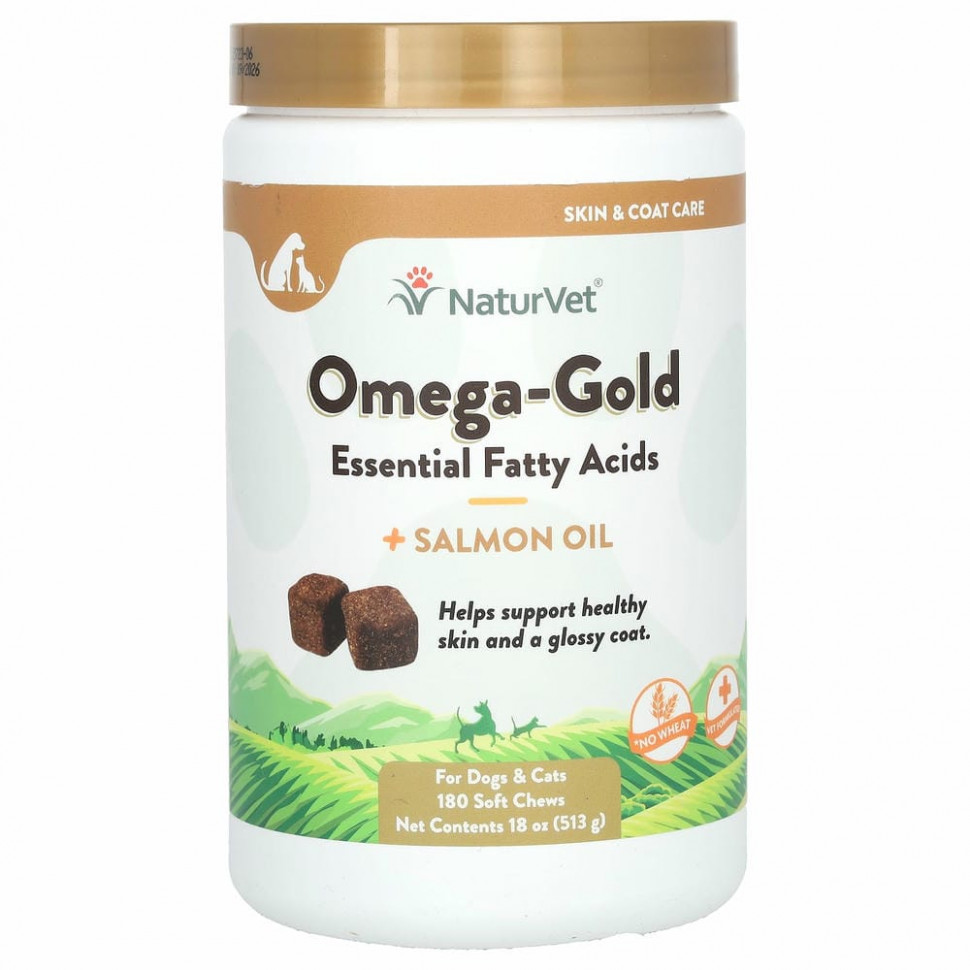 NaturVet, Omega-Gold с жиром лосося, добавка для собак и котов, улучшение состояния кожи и шерсти, 180 мягких жевательных таблеток НатурВет VET-03818