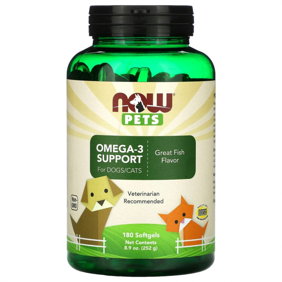 NOW Foods, Pets, омега-3 для собак и кошек, отличный рыбный вкус, 180 мягких таблеток NOW-04315