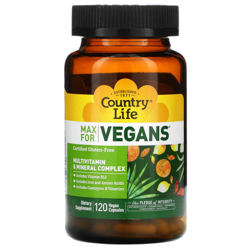 Country Life, Max for Vegans, комплекс мультивитаминов и минералов, 120 веганских капсул Кантри Лайф CLF-08107