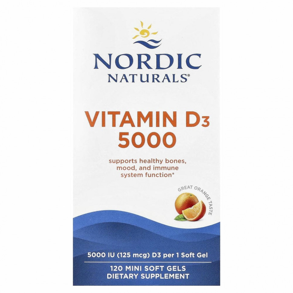 Nordic Naturals, Витамин D3 5000, со вкусом апельсина, 5000 МЕ, 120 мягких желатиновых капсул Нордик Натуралс NOR-01503