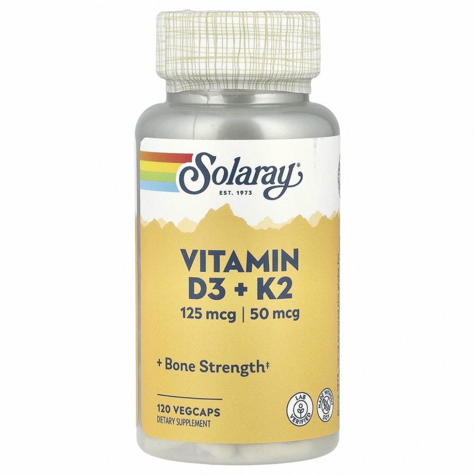 Solaray, витамины D3 и K2, без сои, 120 вегетарианских капсул Соларай SOR-57445