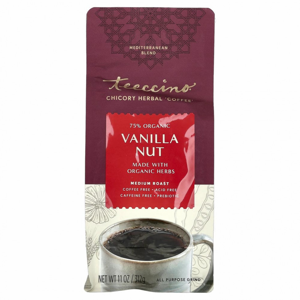 Teeccino, травяной кофе из цикория, средней прожарки, без кофеина, ваниль и орех, 312 г (11 унций) Теессино TEE-80010