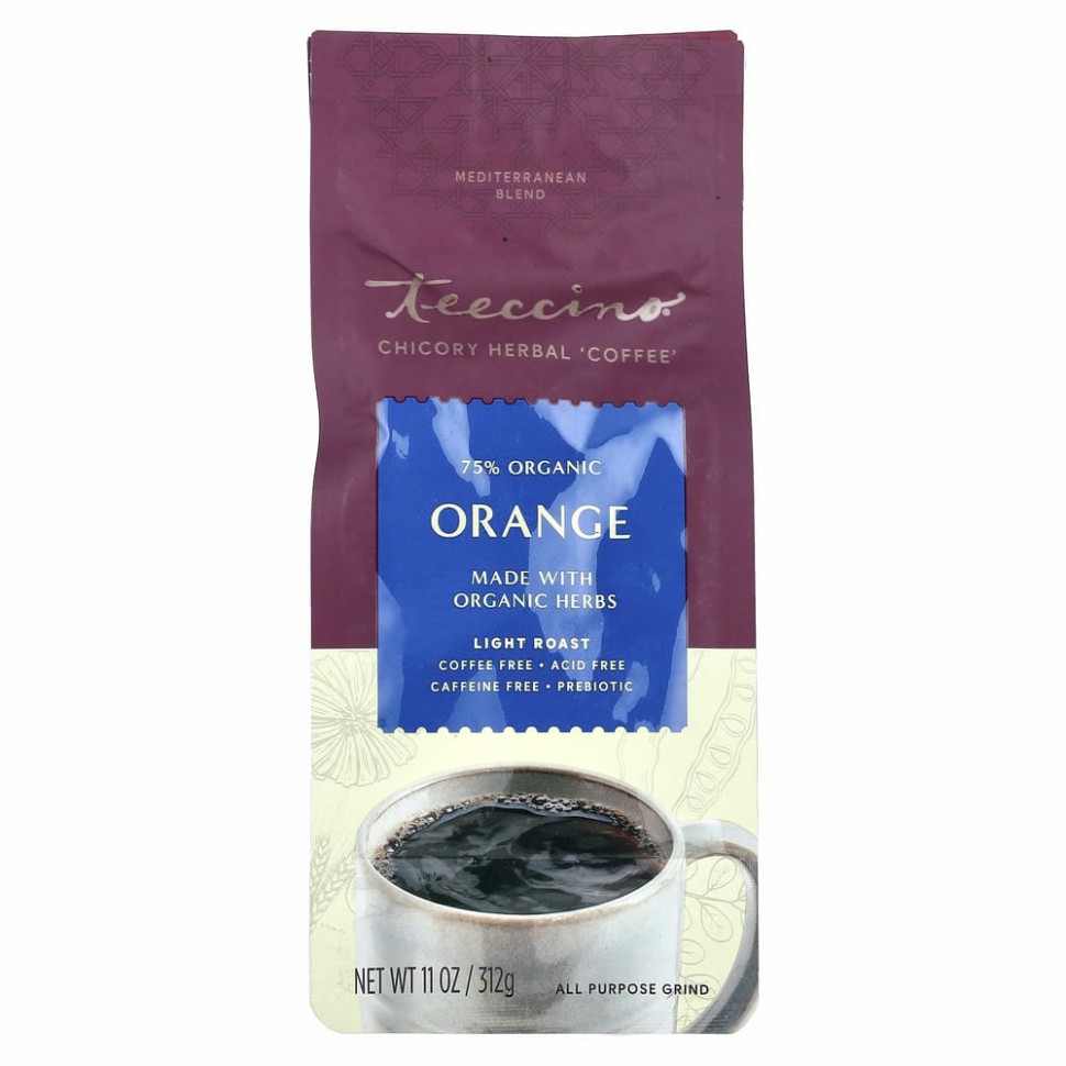 Teeccino, травяной кофе из цикория, средиземноморская смесь, апельсин, легкая обжарка, без кофеина, 312 г (11 унций) Теессино TEE-80040