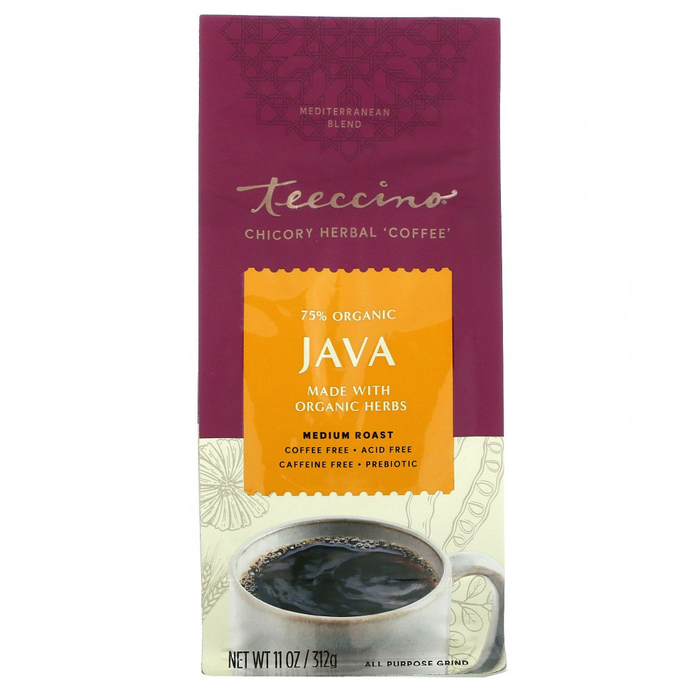 Teeccino, Травяной кофе из цикория Ява, средней обжарки, без кофеина, 11 унций (312 г) Теессино TEE-80070