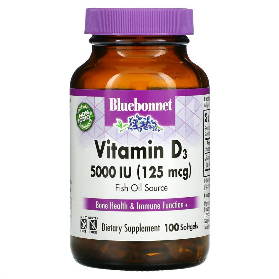 Bluebonnet Nutrition, витамин D3, 125 мкг (5000 МЕ), 100 мягких таблеток Блубоннэт Нутришен BLB-00321