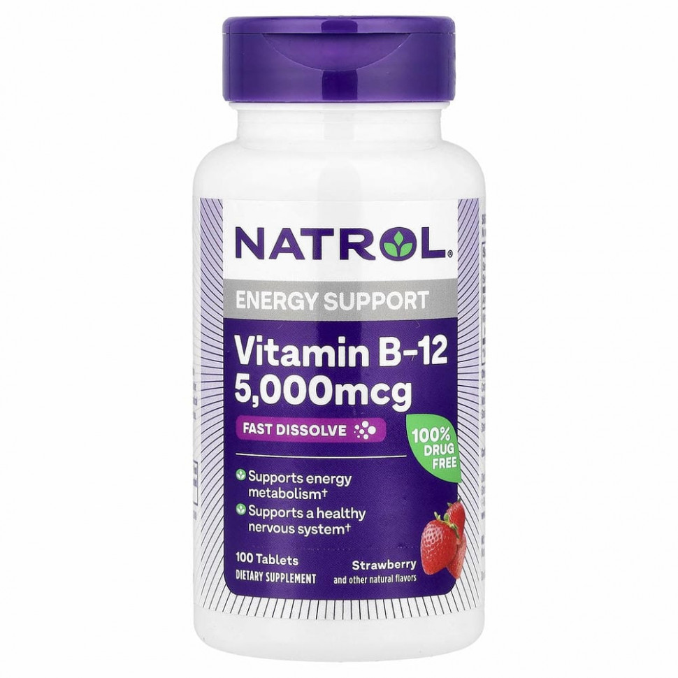 Natrol, Витамин B12, быстрорастворимый, максимальная эффективность, клубника, 5000 мкг, 100 таблеток Нэтрол NTL-06672