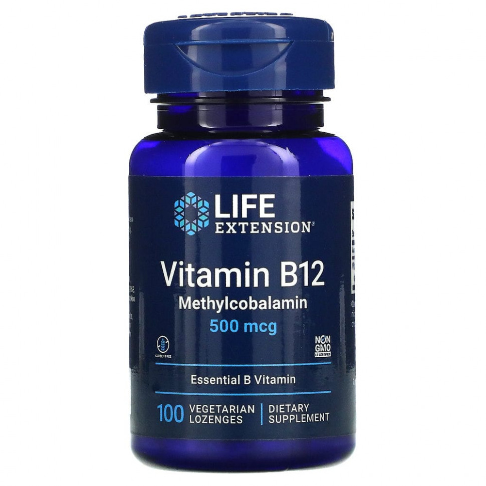 Life Extension, витамин B12, 500 мкг, 100 вегетарианских пастилок Лайф Экстэншн LEX-36110