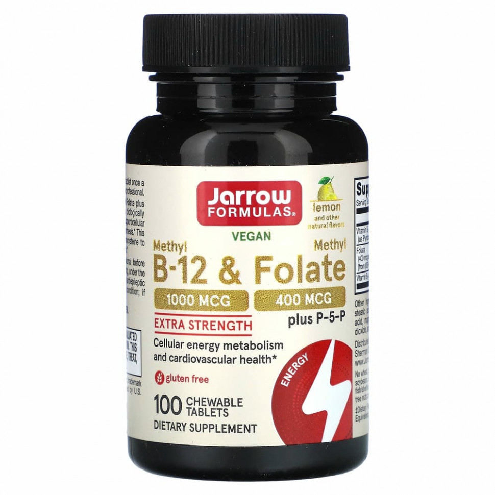Jarrow Formulas, Метил B-12 и метилфолат, лимон, 100 жевательных таблеток джэрроу формулас JRW-18018
