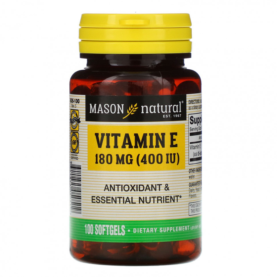 Mason Natural, витамин E, 180 мг (400 МЕ), 100 мягких таблеток Масон Натуралс MAV-05051