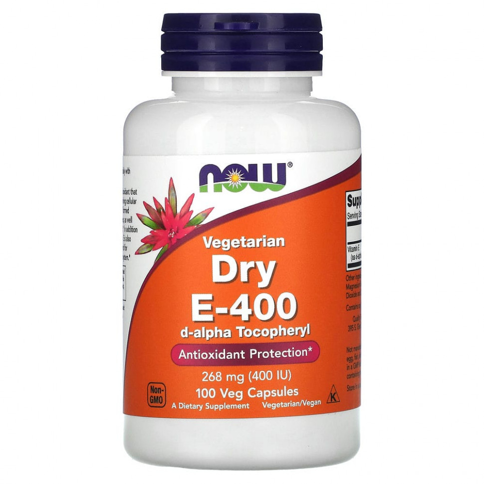 NOW Foods, витамин E-400, вегетарианский продукт, 268 мг (400 МЕ), 100 вегетарианских капсул NOW-00850