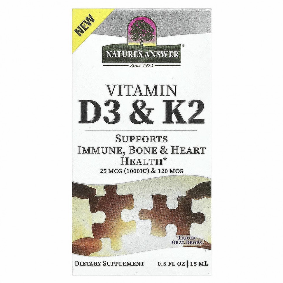 Nature's Answer, витамины D3 и K2, 25 мкг (1000 МЕ) и 120 мкг, 0,5 мл (120 жидк. унций) Натурес Ансвер NTA-26139