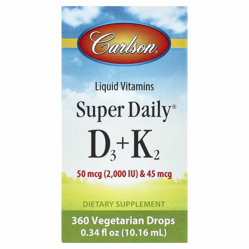 Carlson Labs, Super Daily витамины D3 и K2 в жидкой форме, 25 мкг (1000 МЕ) и 22,5 мкг, растительная формула, 360 вегетарианских капель, 10,16 мл (0,34 жидк. унции) Карлсон Лэбс CAR-10500