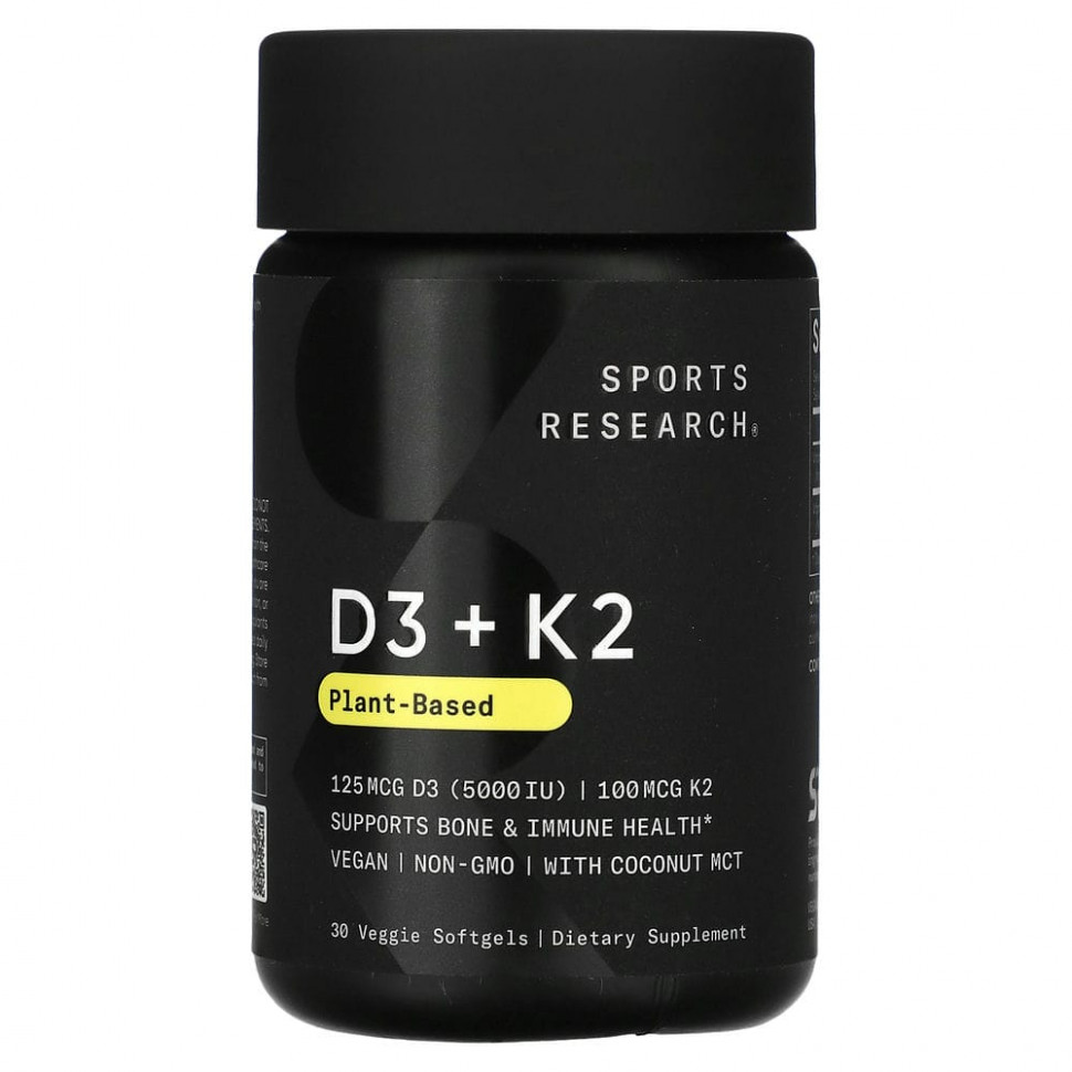 Sports Research, Витамины D3 + K2 на растительной основе, 30 растительных капсул Спортс Ресерч SRE-01147
