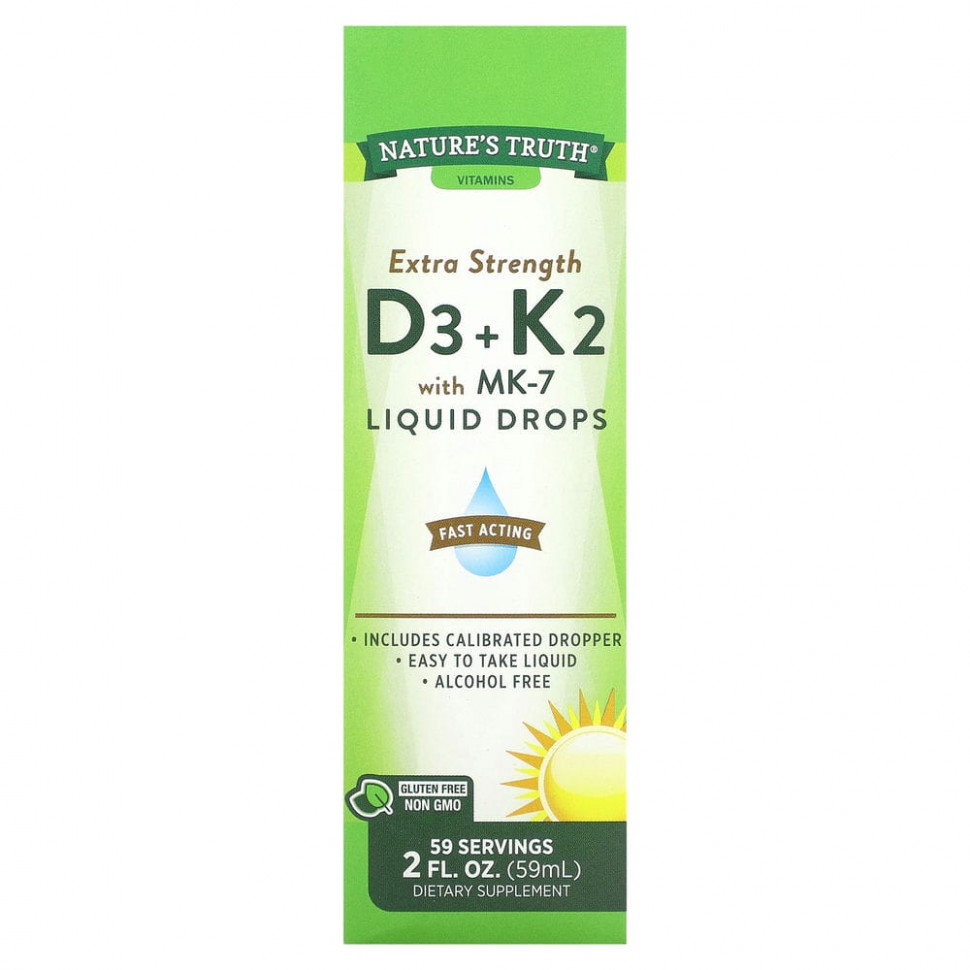 Nature's Truth, Extra Strength D3 + K2 с жидкими каплями MK-7, 59 мл (2 жидк. Унции) NTH-11724