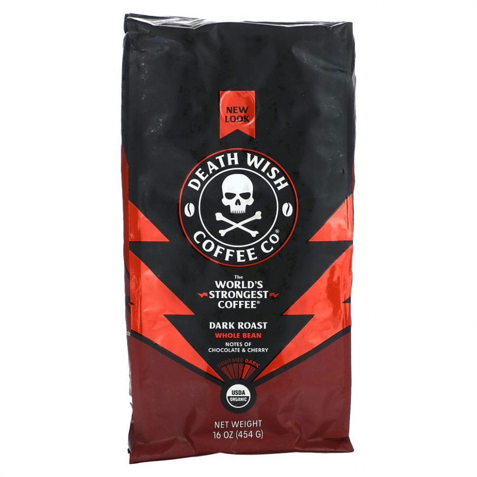 Death Wish Coffee, Самый крепкий в мире кофе, цельные зерна, темная обжарка, 454 г (16 унций) DEA-00510