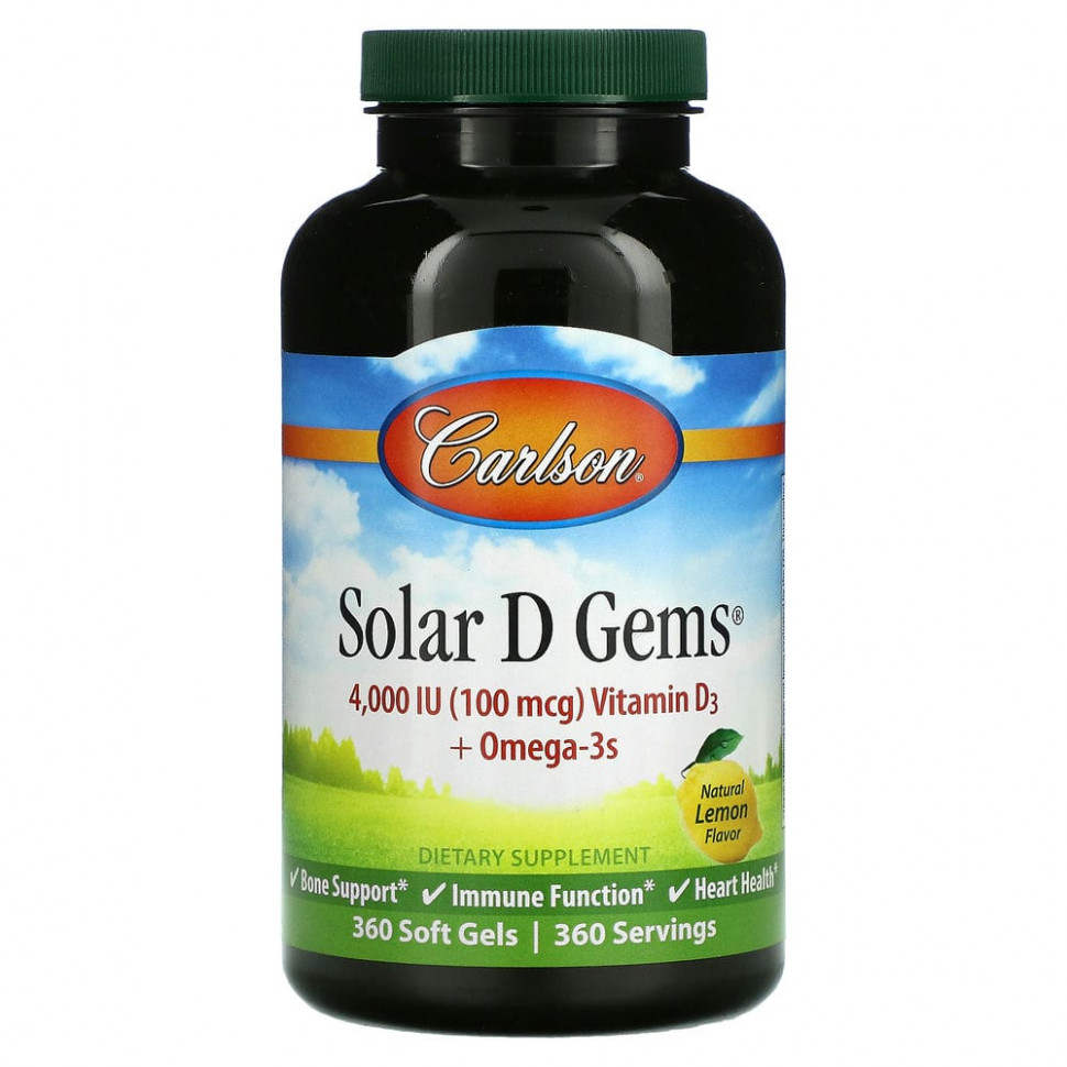 Carlson Labs, Solar D Gems, натуральный лимонный вкус, 4000 МЕ, 360 мягких таблеток Карлсон Лэбс CAR-01483