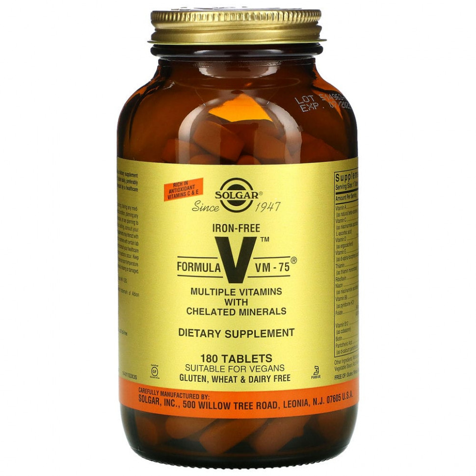 Solgar, Formula VM-75, комплексные витамины с микроэлементами в хелатной форме, без железа, 180 таблеток Солгар SOL-01153