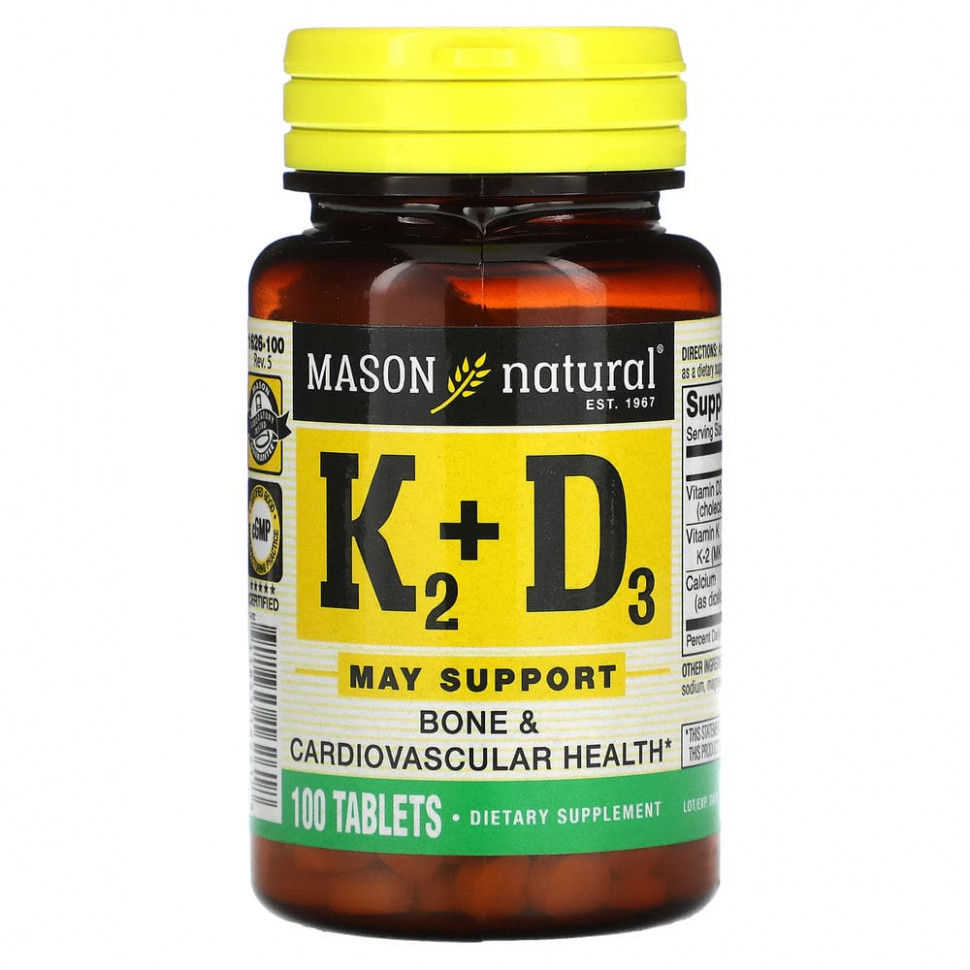 Mason Natural, витамины К2 и D3, 100 мкг, 100 таблеток Масон Натуралс MAV-16261