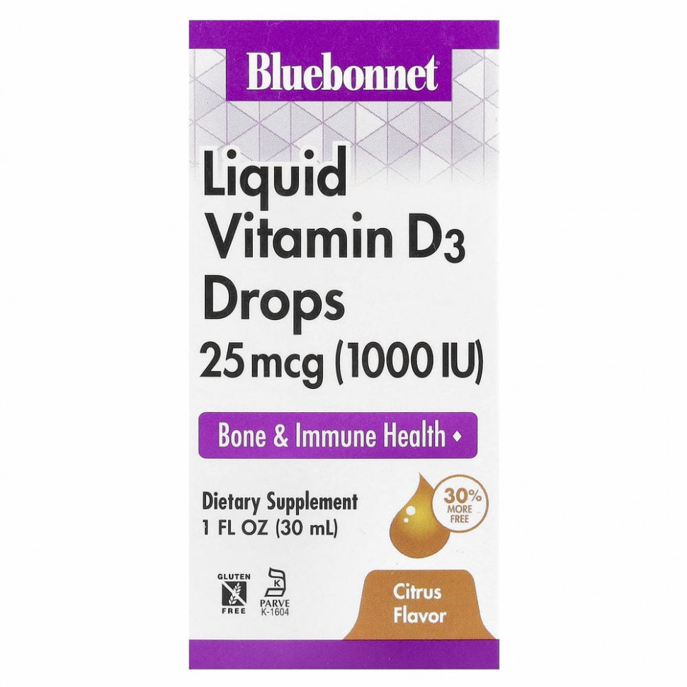 Bluebonnet Nutrition, Жидкий витамин D3, в каплях, натуральный цитрусовый вкус, 1,000 МЕ, 1 жидкая унция (30 мл) Блубоннэт Нутришен BLB-00374