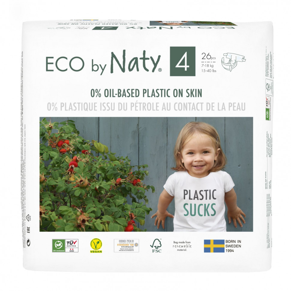 Naty, Подгузники для чувствительной кожи, размер 4, 15-40 фунтов (7-18 кг), 26 подгузников Нати NTY-17838