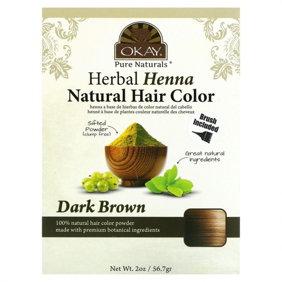 Okay Pure Naturals, Натуральная краска для волос из травяной хны, темно-коричневый, 56,7 г (2 унции) OKA-01805