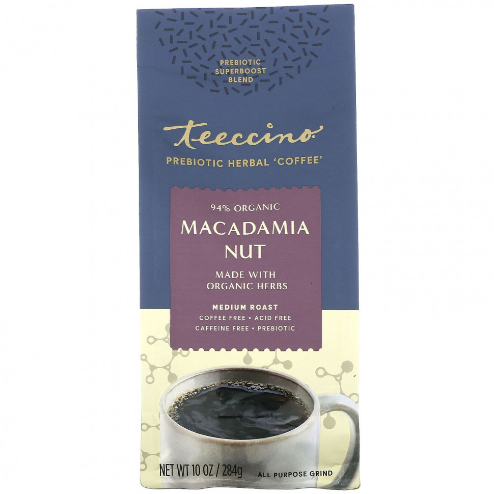 Teeccino, Пребиотический травяной кофе, орех макадамия, средней обжарки, без кофеина, 284 г (10 унций) Теессино TEE-86020