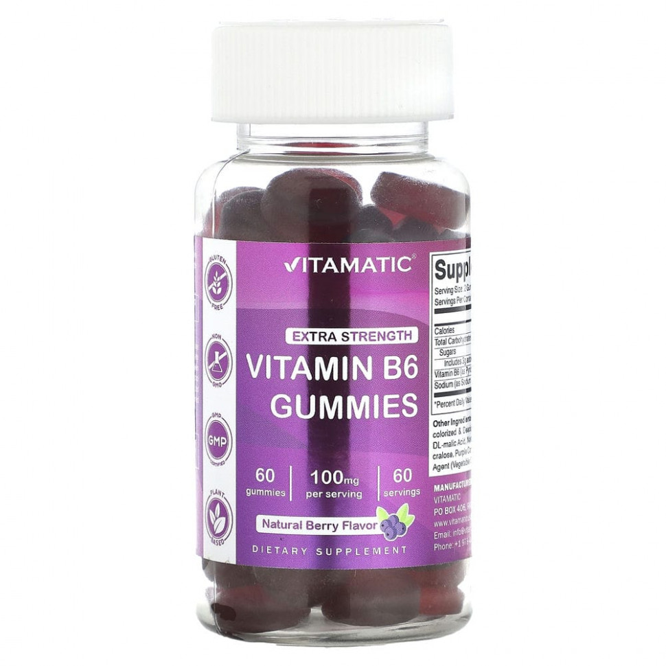 Vitamatic, Витамин B6, повышенная сила действия, ягоды, 50 мг, 60 жевательных таблеток VMC-47275