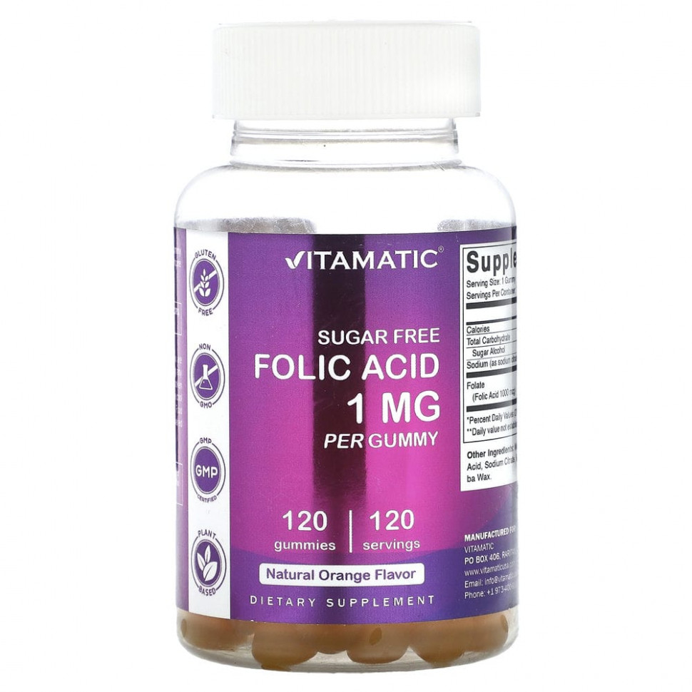 Vitamatic, Фолиевая кислота без сахара, натуральный апельсин, 1 мг, 120 жевательных таблеток VMC-47187