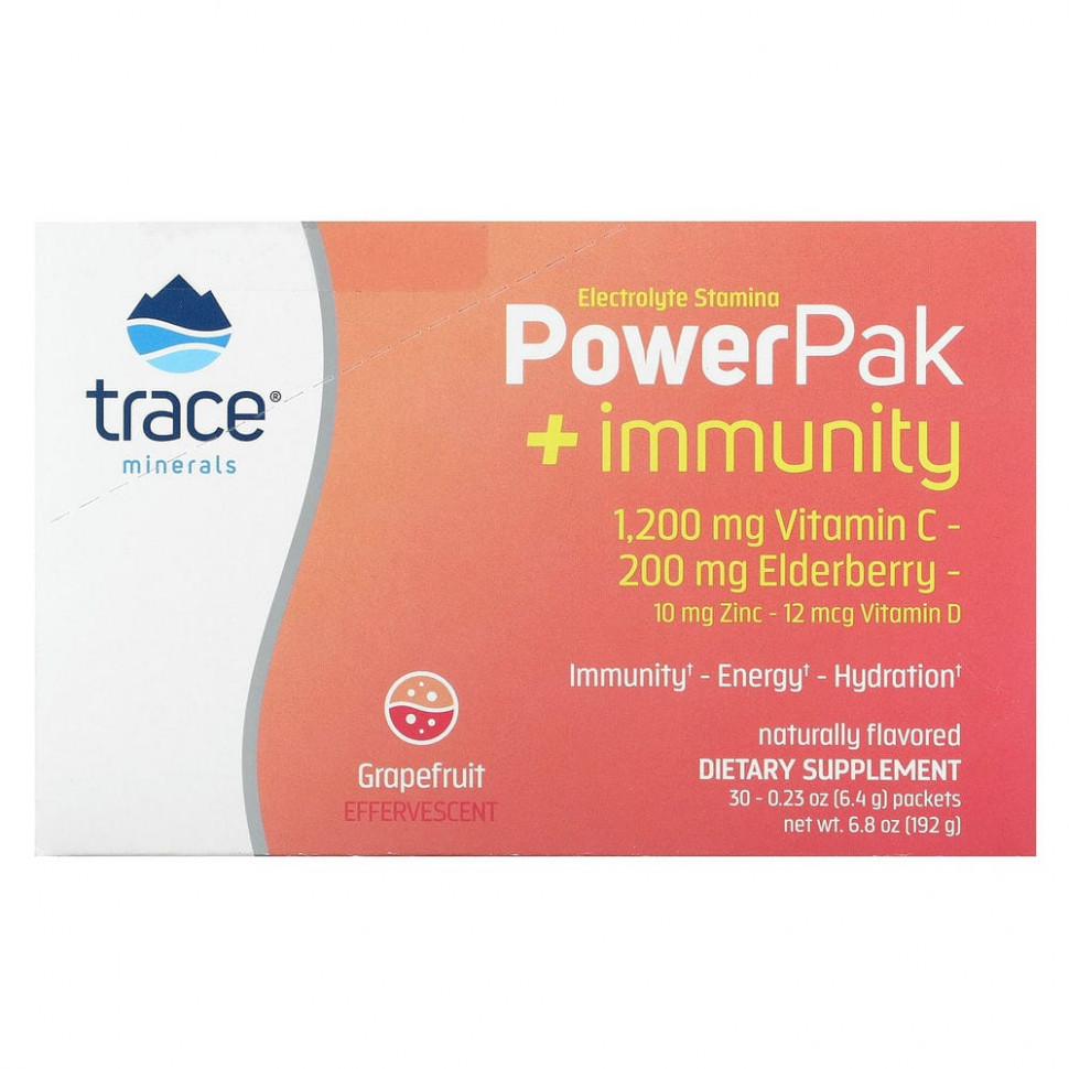 Trace Minerals ®, Electrolyte Stamina, PowerPak + Immunity, грейпфрут, 30 пакетиков по 6,4 г (0,23 унции) Trace Minerals Research TMR-00713