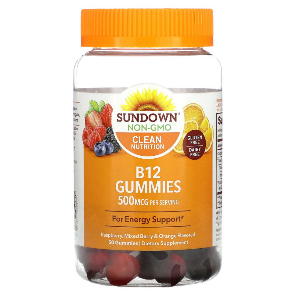 Sundown Naturals, Витамин B12, малина, ягодное ассорти и апельсин, 250 мкг, 50 жевательных таблеток Сандаун Нэчуралс SDN-67370
