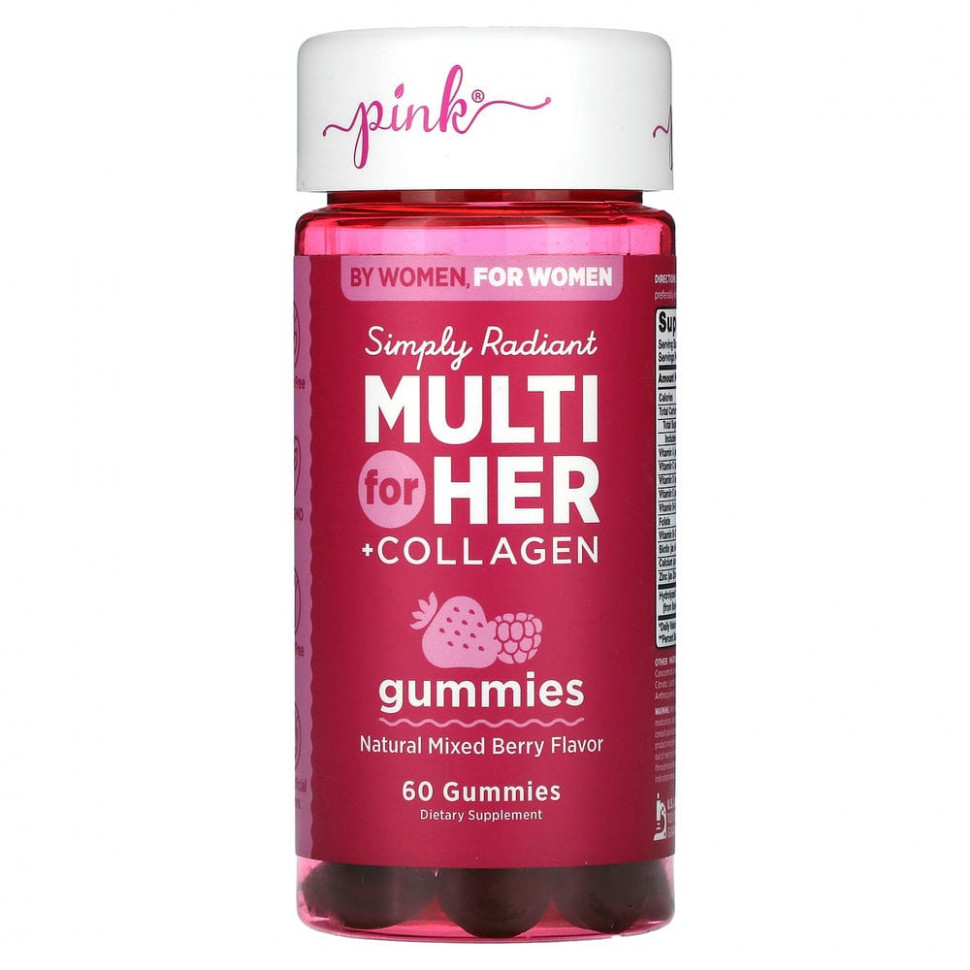 Pink, Simply Radiant Multi For Her + Collagen, ягодное ассорти, 60 жевательных таблеток PWK-11403