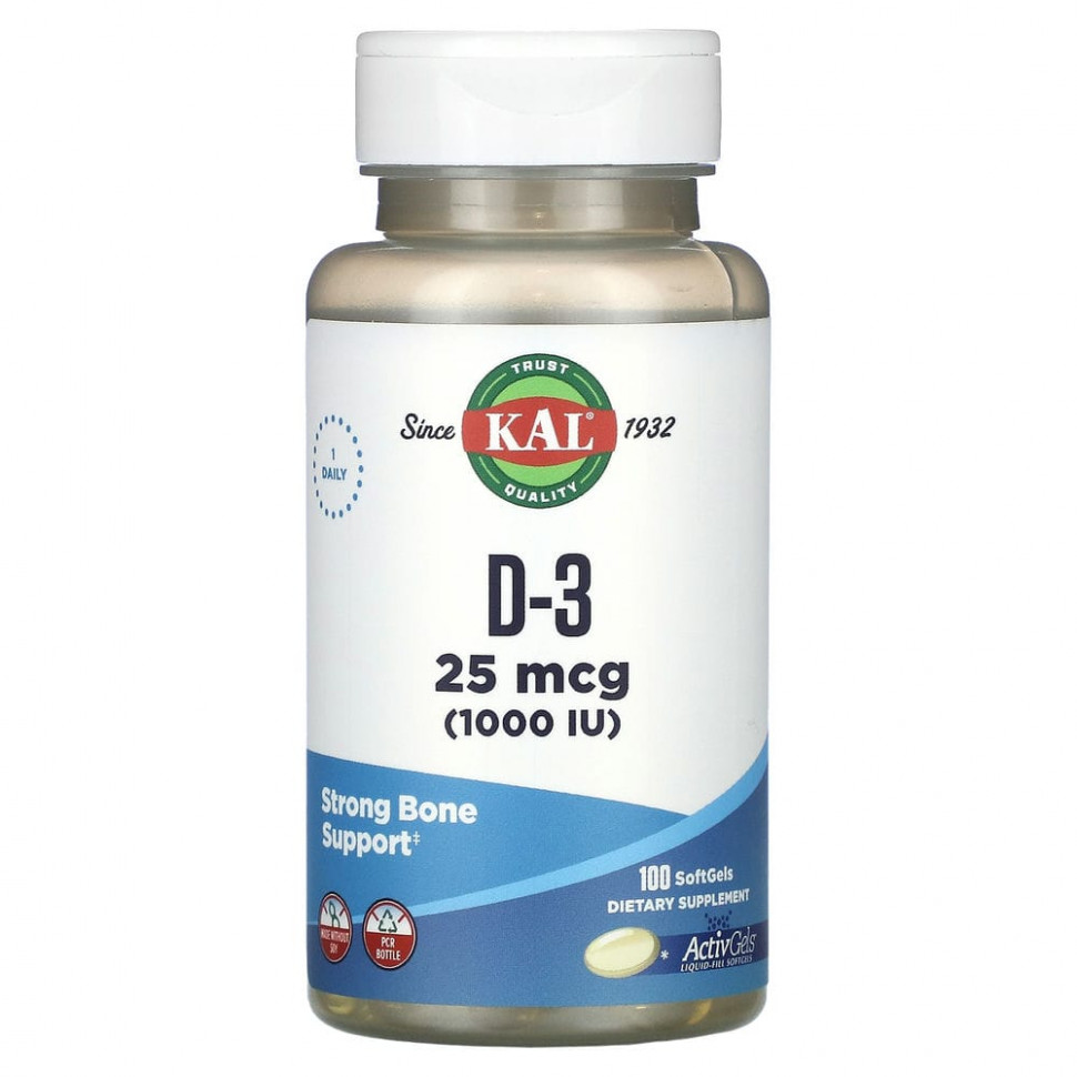 KAL, D-3, 25 мкг (1000 МЕ), 100 мягких таблеток КАЛ CAL-60010