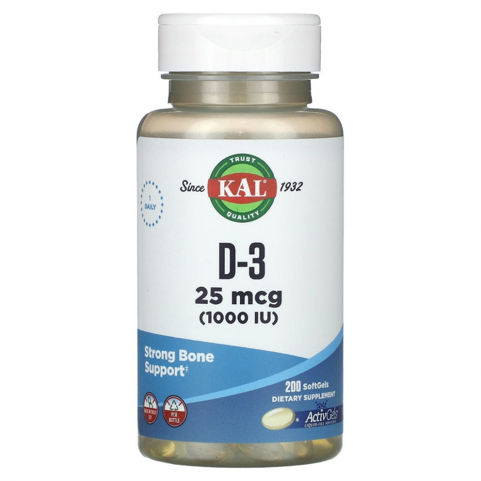 KAL, D-3, 25 мкг (1000 МЕ), 200 мягких таблеток КАЛ CAL-42858