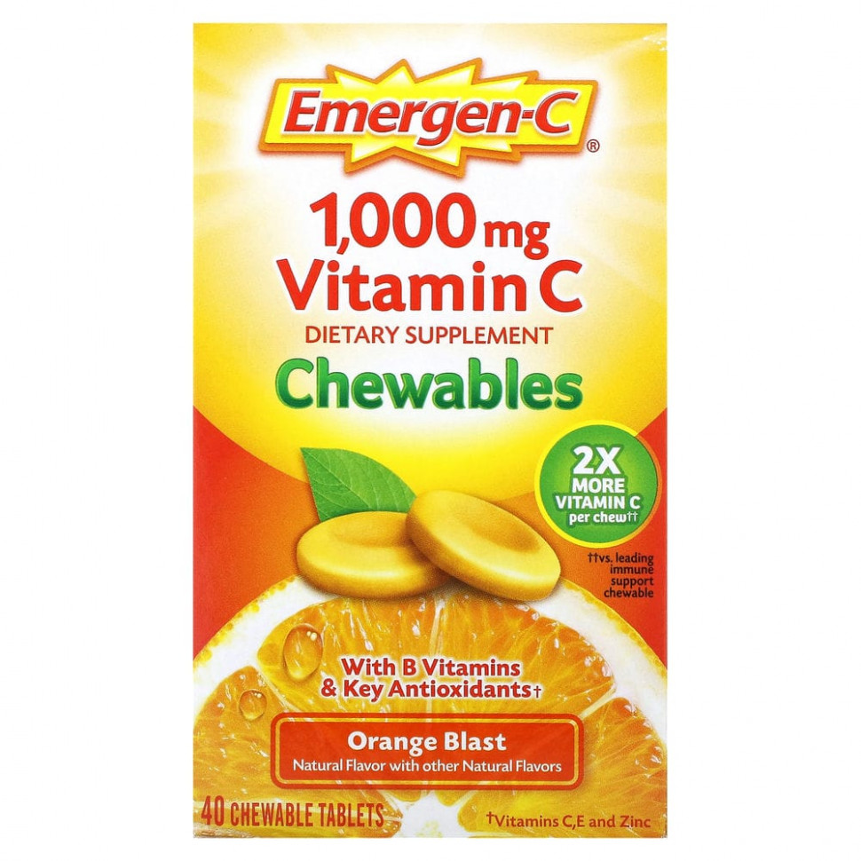 Emergen-C, Жевательные таблетки с витамином C, апельсиновый сок, 500 мг, 40 жевательных таблеток Эмерген-С ALA-32450
