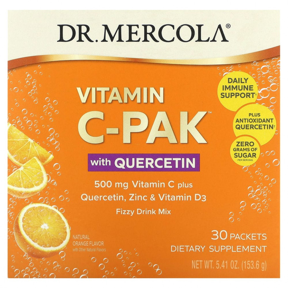 Dr. Mercola, Витамин C-PAK с кверцетином, натуральный апельсин, 500 мг, 30 пакетиков по 5,12 г (0,18 унции) ДР. Меркола MCL-21022
