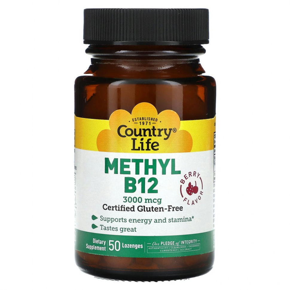 Country Life, Метил B12, ягодный, 3000 мкг, 50 пастилок Кантри Лайф CLF-01646
