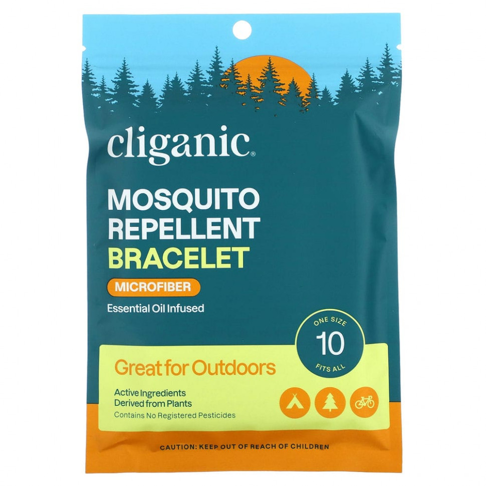 Cliganic, Браслет от комаров, с эфирным маслом, универсальный размер, 10 браслетов, по 0,11 унции CLG-56092