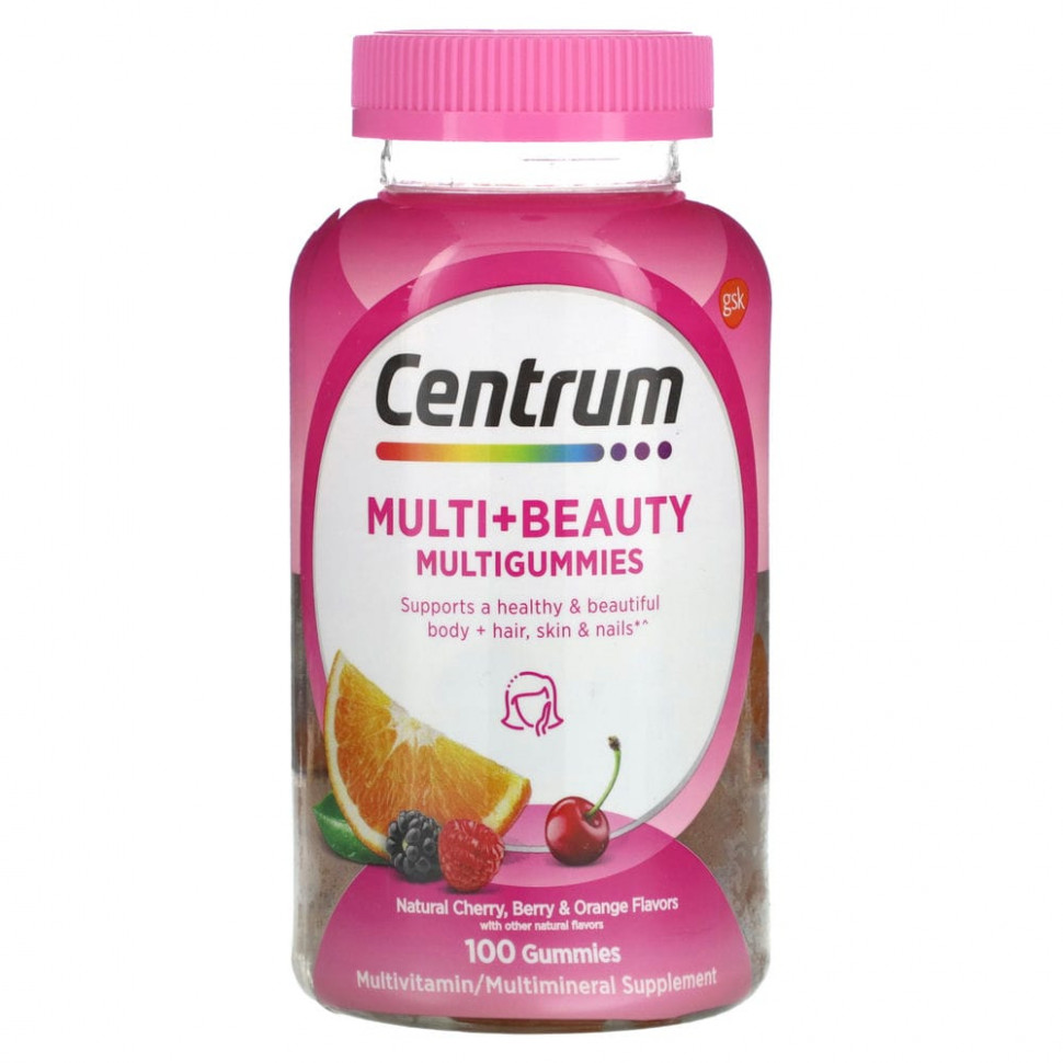 Centrum, Multi + Beauty жевательные таблетки, натуральные вишня, ягоды и апельсин, 100 жевательных таблеток CEM-28633
